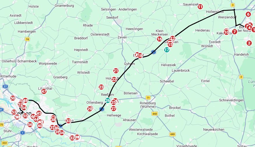 Kartenansicht mit Route und möglichen Kunden entlang der Strecke
